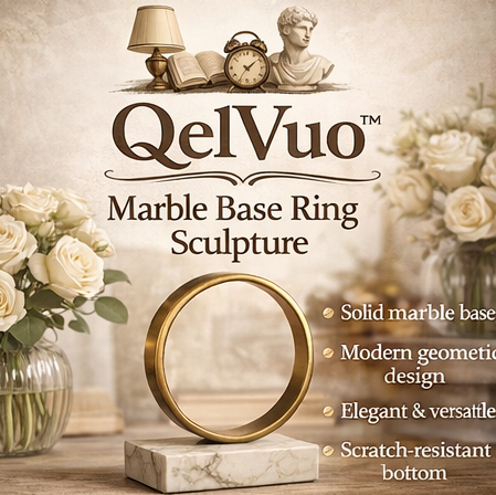 QelVuo™ Marble Base Ring Sculpture – Geometric Loop Accent for Shelf & Desk Styling